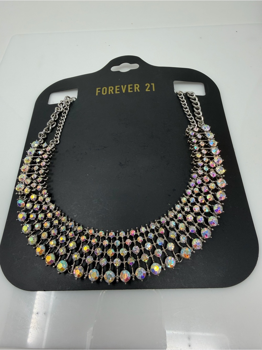 Forever 21 Iridescent Crystal Bib Necklace - Silver
